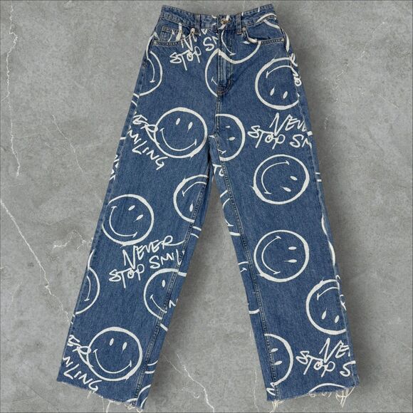 Smiley Denim - H&M x Smiley Womens Y2K Baggy Style Smiley Face Print Denim Jeans - Size 0